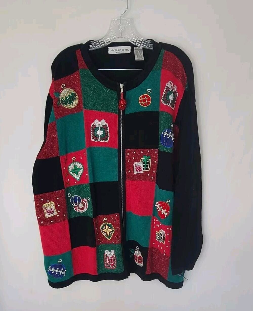 Victoria Jones Presents Ornaments Ugly Christmas Sweater Zipper Cardigan - 2X